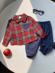 SHEIN 2件組嬰兒男童/女童套裝，秋冬拼色貼袋翻領長袖鈕扣格紋襯衫搭配鬆緊腰長褲，百搭舒適，適合聖誕節 - 彩色 - 查看 1