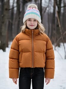 青少年女孩焦橙色豹紋抓絨內裡立領短版夾克保暖冬季外套 感恩節校園假期端莊可愛 - 棕色 - 查看 4