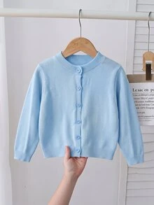 SHEIN 女童秋/冬黃色修身圓領針織開襟毛衣外套，基礎款針織開襟衫，適合海邊度假、冷氣房、開學季、優雅聚會等場合，適合秋冬穿著 - 藍色 - 查看 4