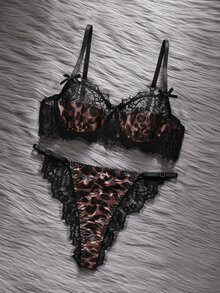 EmpressEnvy Sexy Leopard Print Eyelash Lace Vintage Contrast Color Lace Patchwork Underwire Bra & Triangle Panty Lingerie Set For Women - Multicolor - View 1