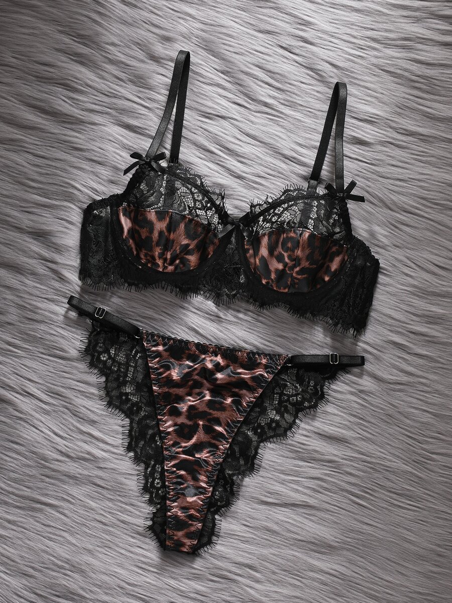 EmpressEnvy Sexy Leopard Print Eyelash Lace Vintage Contrast Color Lace Patchwork Underwire Bra & Triangle Panty Lingerie Set For Women - Multicolor - View 1