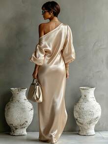 Vavine Women's Solid Color Long Sleeve Asymmetrical Shoulder Loose Elegant Dress - Apricot - View 2