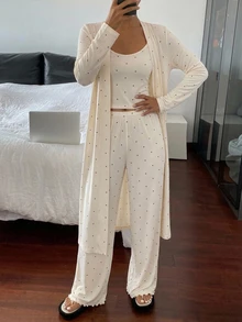 DAZY 3pcs Women's Polka Dot Print Long Cardigan, Long Sleeve Robe, Sleeveless Camisole Tank Top, Straight Long Pajama Pants Sleepwear Set - White - View 5