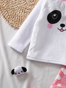 SHEIN 2件組女童絨毛格紋長袖上衣與長褲休閒軟綿睡衣套裝，秋冬款酒紅色抓絨內裡圓領純色口袋舒適可愛禮物 - 淺粉色 - 查看 7