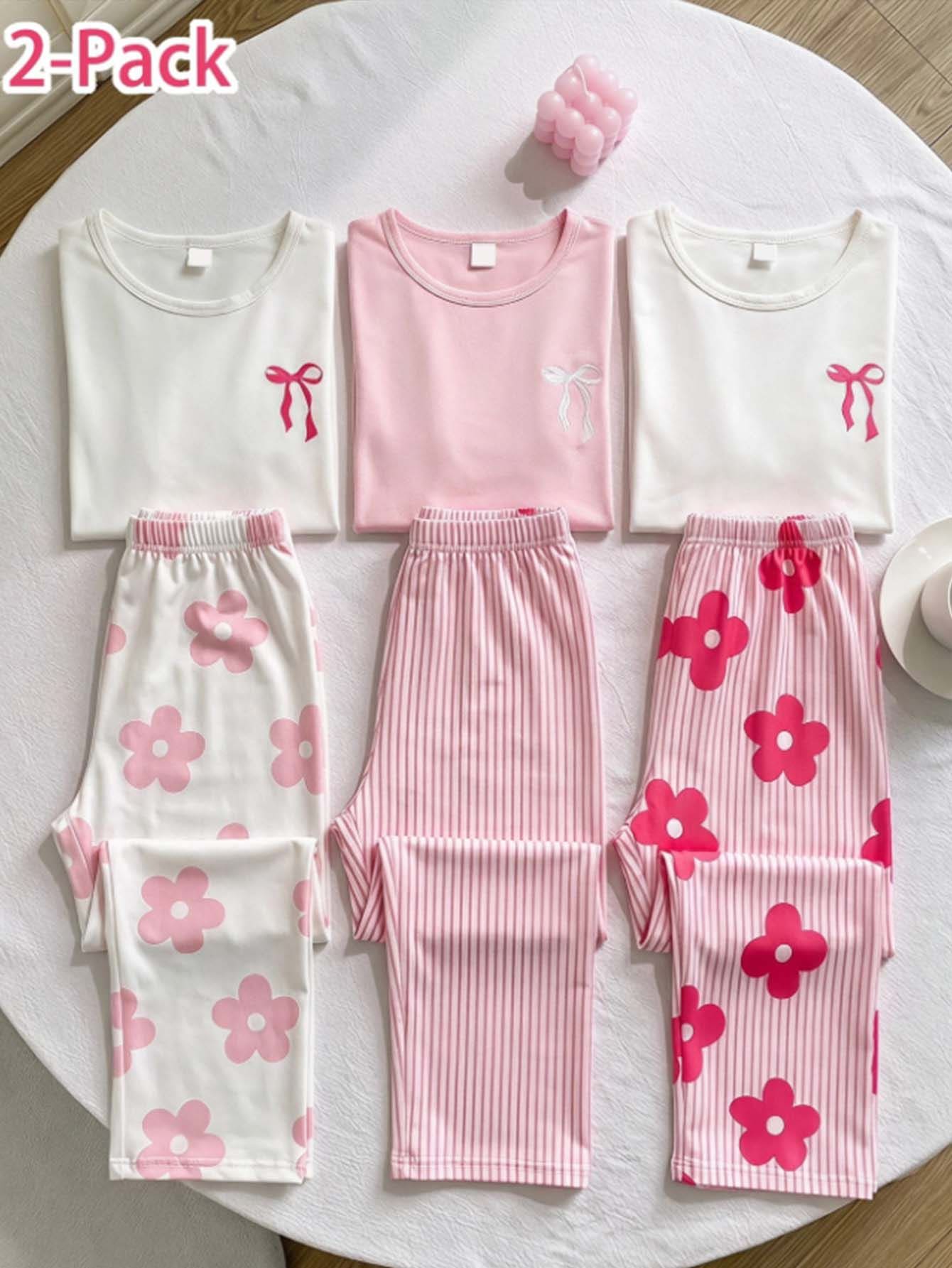Tween Girls Crew Neck Short Sleeve Long Pants Loose Casual Loungewear Pajama Set 2pcs Kids - Multicolor - View 1
