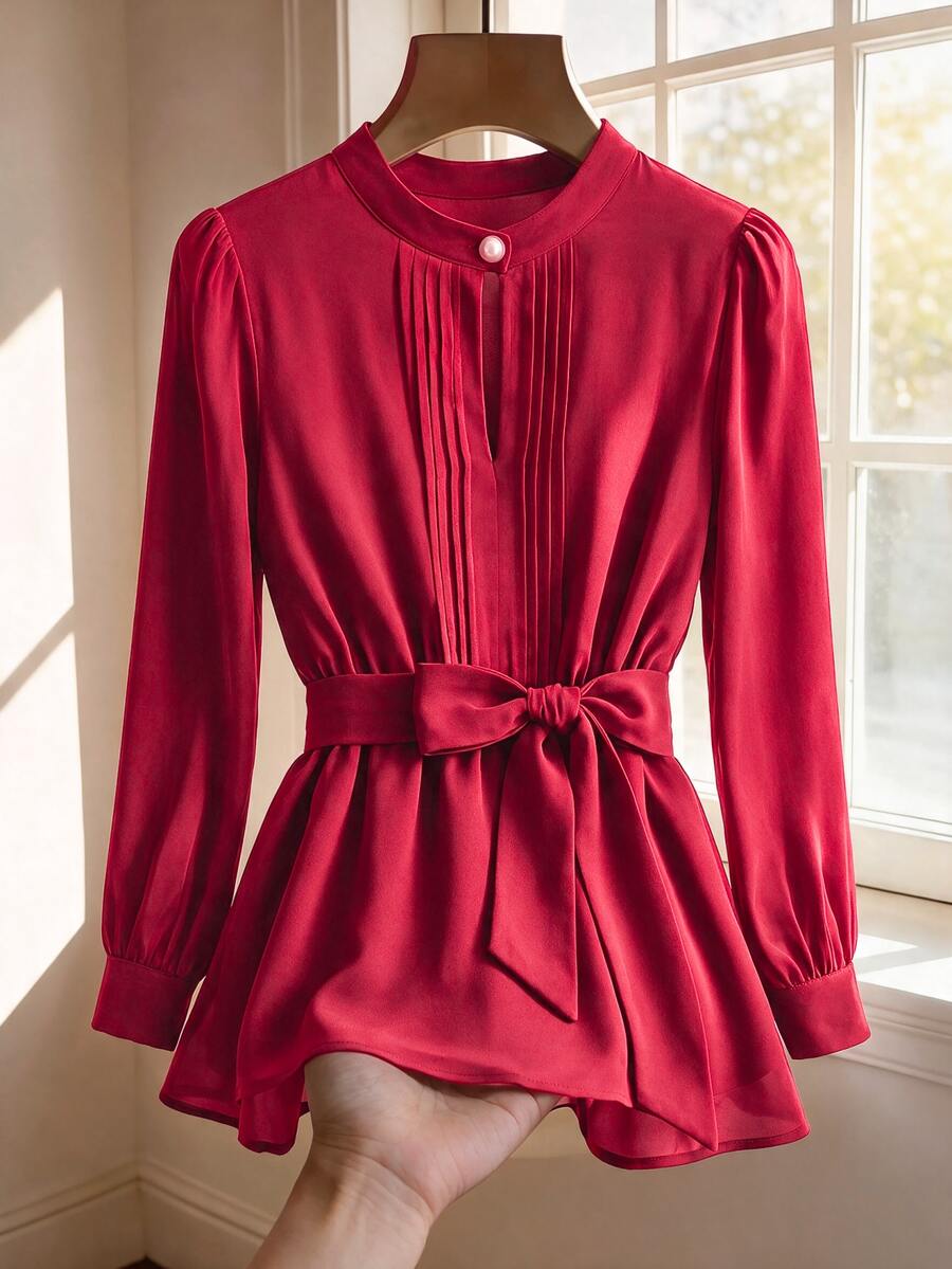 Rusticease Women's Solid Color Round Neck Long Sleeve Blouse With Pearl Decoration, Pleated Waist And Bowknot, Suitable For Party Office Dinner, Red Fall Elegant - Red - View 1