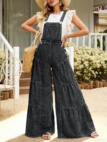 Breezaya Women's Wide Leg Denim Overalls With Side Metal Button Decor - Black - View 3