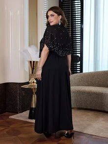 Modelyn Plus Size Women Rhinestone Design Short Sleeve Top And Cami Dress Elegant 2 Pieces Set - Black - View 2