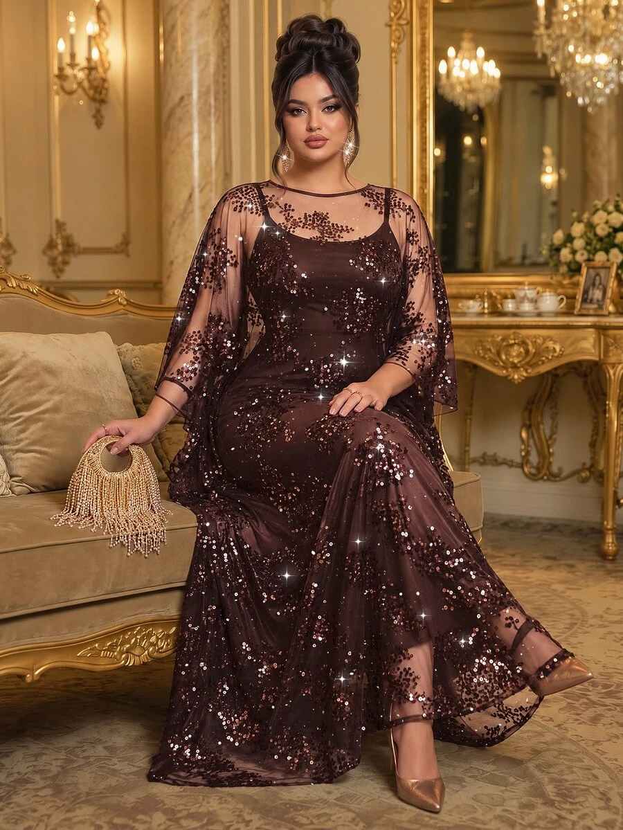 Roveilla Bộ 2 món phối đồ size lớn phong cách thanh lịch cho tiệc trang trọng mùa thu năm mới - màu nâu - Xem 1