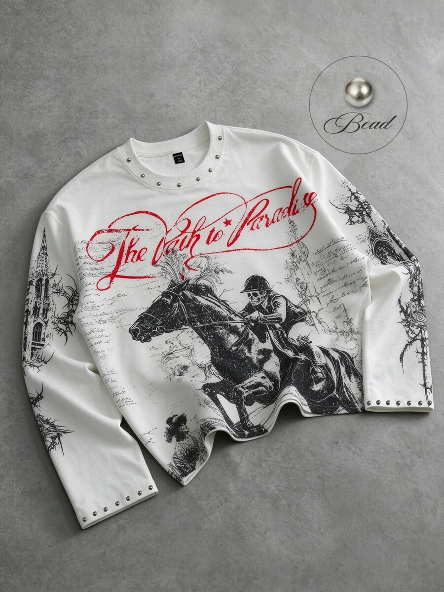 ROMWE MEN 2026 New Oversized T-Shirt Spring/Autumn Watermark Skull Horse Riding Casual Preppy Style Men's T-Shirt - White - View 1