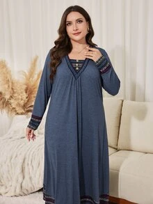 Lacomfia Plus Size Women's Loose Casual A-Line V-Neck Long Sleeve Patchwork Collar Cuff Hem Long Dress, Autumn - Navy Blue - View 3