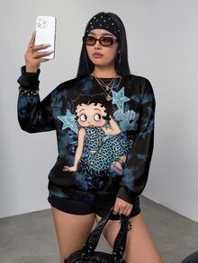 Betty Boop x SHEIN 大尺碼女款五角星紮染印花長袖圓領運動衫 - 白色 - 查看 7