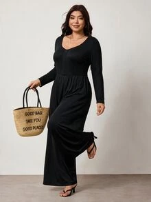 Enliva Plus Size Women's Casual Everyday Elastic Long-Sleeved Slim Fit Black Dress Apple,Rounded Body - Black - View 5