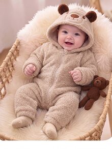SHEIN Newborn Baby Fluffy Cute Cartoon Pattern Hooded One-Piece Long Pants - Khaki - View 7