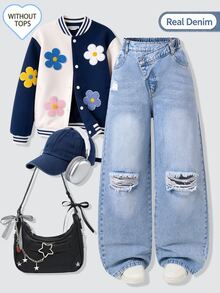 SHEIN Genkimix Kids 青少年女孩破洞寬腿牛仔褲 不對稱腰頭 牛仔長褲 高街時尚 Y2K 風格 - 淺色水洗藍 - 查看 1
