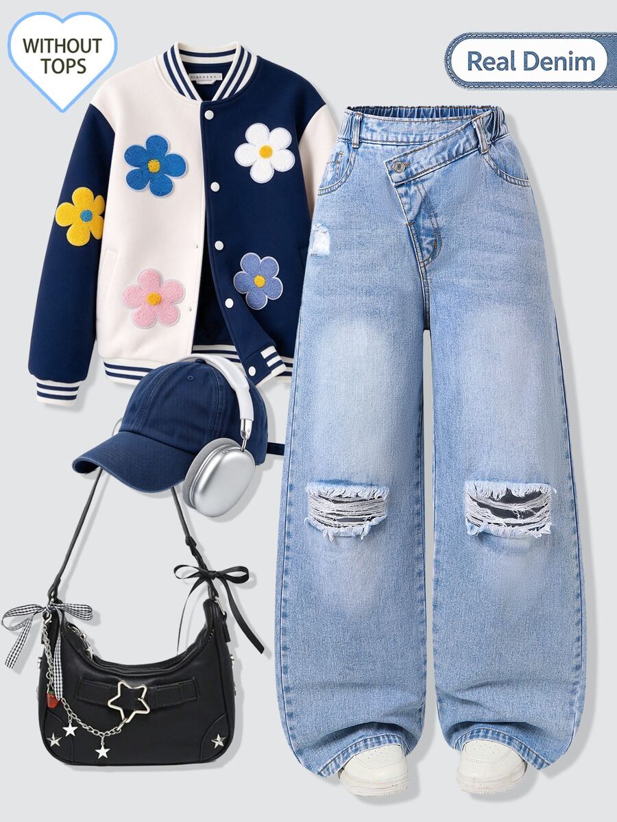 SHEIN Genkimix Kids 青少年女孩破洞寬腿牛仔褲 不對稱腰頭 牛仔長褲 高街時尚 Y2K 風格 - 淺色水洗藍 - 查看 1