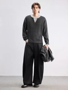 RONVEXI 男士 2 合 1 圓領長袖寬鬆版型時尚百搭毛衣，學院風休閒秋季上衣，適合日常穿著、休閒、度假 - 深灰色 - 查看 5