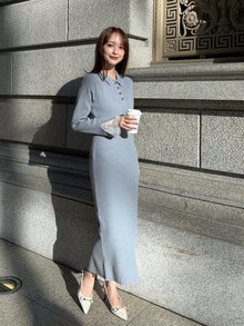 FRIFUL Women's Solid Color Casual Daily Summer Knit Dress - Grey - View 4