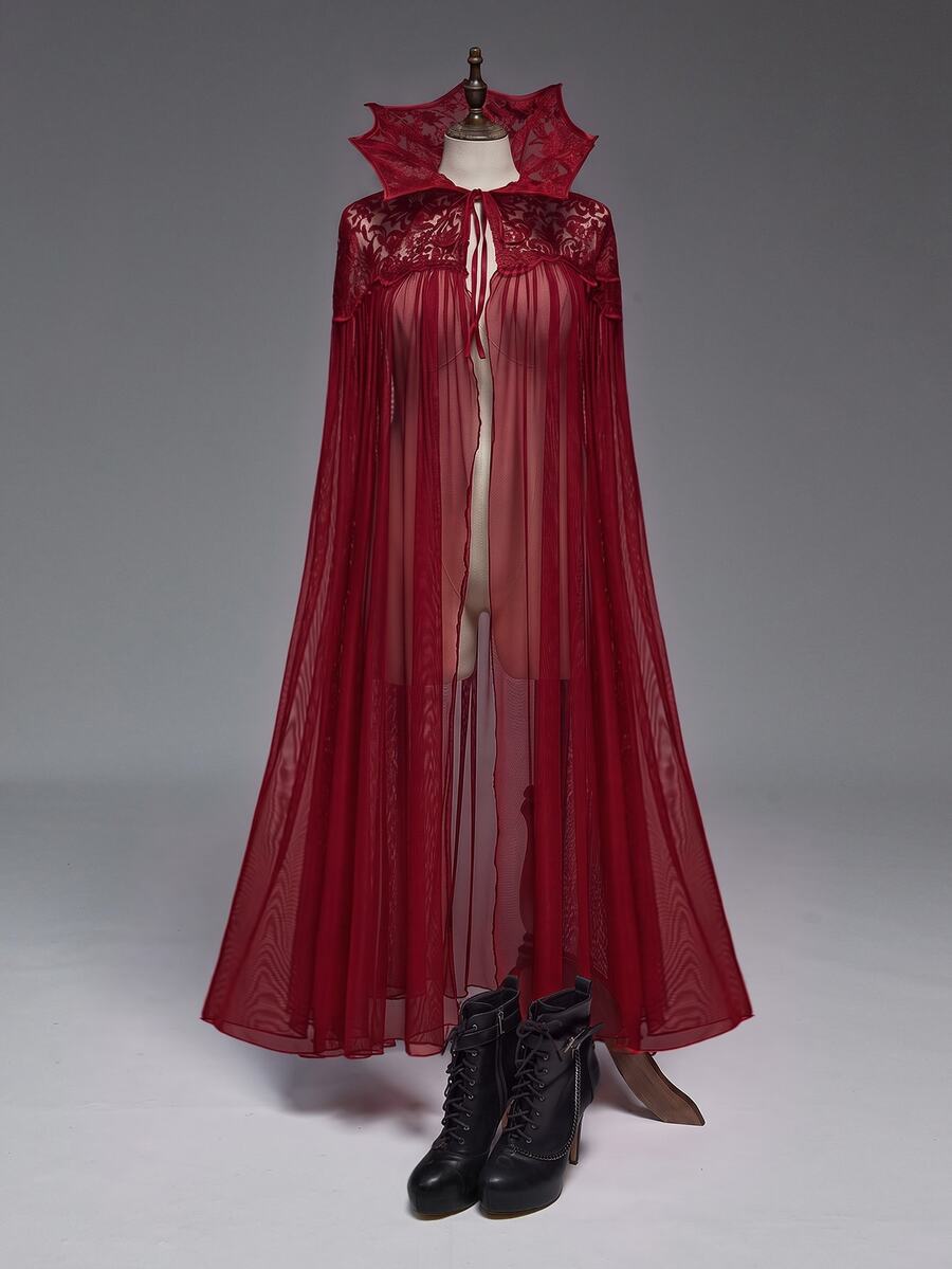 ROMWE Goth 哥德式蝙蝠領蕾絲網格拼接寬鬆女款披肩上衣,萬聖節 - 酒紅色 - 查看 1