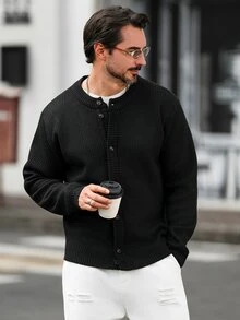 Marvello Homme 男士前開扣長袖開襟衫 - 黑色 - 查看 3
