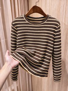 Rusticease Women's Striped Crew Neck Long Sleeve Casual T-Shirt - Black - View 3