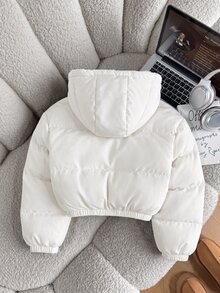 SHEIN 青少年女孩冬季新款黑色保暖內裡連帽短版羽絨外套 - 白色 - 查看 2