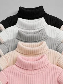 SHEIN 女童隨機 2 件組 羅紋針織高領毛衣 冬季返校長袖套頭上衣 - 彩色 - 查看 3