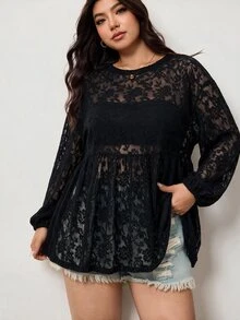 Enliva Plus-Size Women's Casual Loose Basic Long-Sleeved T-Shirt, Semi-Transparent LaceApple,Rounded Body - Black - View 4