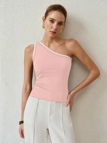 MOTF PREMIUM ONE SHOULDER CONTRAST BINDING SLIM FIT TOP - Pink - View 4