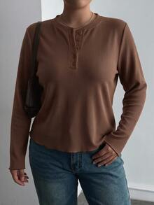 Livesso Solid Color Casual Traditional Half-Button Front Long Sleeve Brown T-Shirt, Blogger Style, Spring/Autumn New Arrival Formal Home Wear Vacation - Brown - View 3