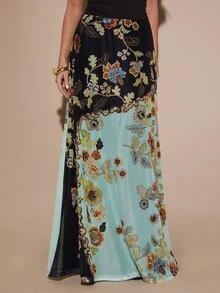 SHEIN BAE Spring/Autumn Yellow & Black Contrast Vintage Floral Print Sheer Mesh Patchwork High Waist Floor-Length Flare Skirt, Suitable For Vacation, Party, Date, Daily Wear - Multicolor - View 6