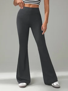 SHEIN Tall 女款高腰純色修身喇叭褲，時尚百搭 - 灰色 - 查看 4