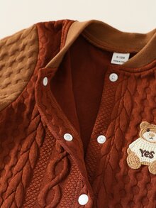 SHEIN 男女通用新生兒嬰兒/幼兒秋冬保暖內裡加厚拼色拼接時尚可愛連身衣，棒球套裝運動服，嬰兒冬季連身衣運動服 - 咖啡棕 - 查看 6