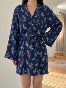 DAZY Leaf Pattern Loose Fit Short Cardigan Robe Women's Sleepwear - Navy Blue - View 6