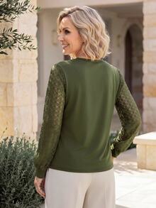Miaspire Middle-Aged Women Solid Color Long Sleeve Lace Decor Top Elegant Classic Comfortable Daily - Army Green - View 2