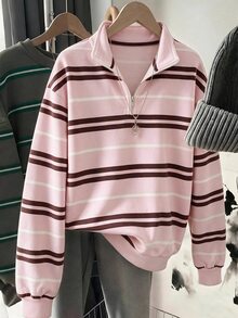 SHEIN LUNE Casual Elegant Striped Pattern Print Classic Half-Zip Sweatshirt Plus Size Women's, Suitable For Fall/, Christmas Party Formal Pink - White - View 3