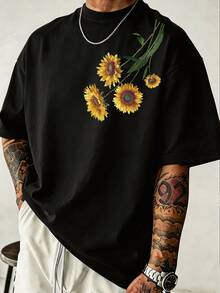 HypeHours Men's Plus Size Classic Sunflower Double-Sided Print Fitted T-Shirt, Suitable For Daily Wear And Gatherings - Black - View 2