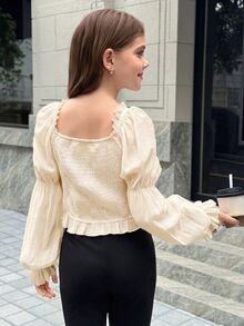 SHEIN Girlism بلوزة قصيرة بيضاء كاجوال متعددة الاستخدامات بياقة مربعة وأكتاف مكشوفة وأكمام منتفخة مطوية للفتيات المراهقات، وصول جديد للربيع/الصيف - لون مشمشي - مشاهدة 8