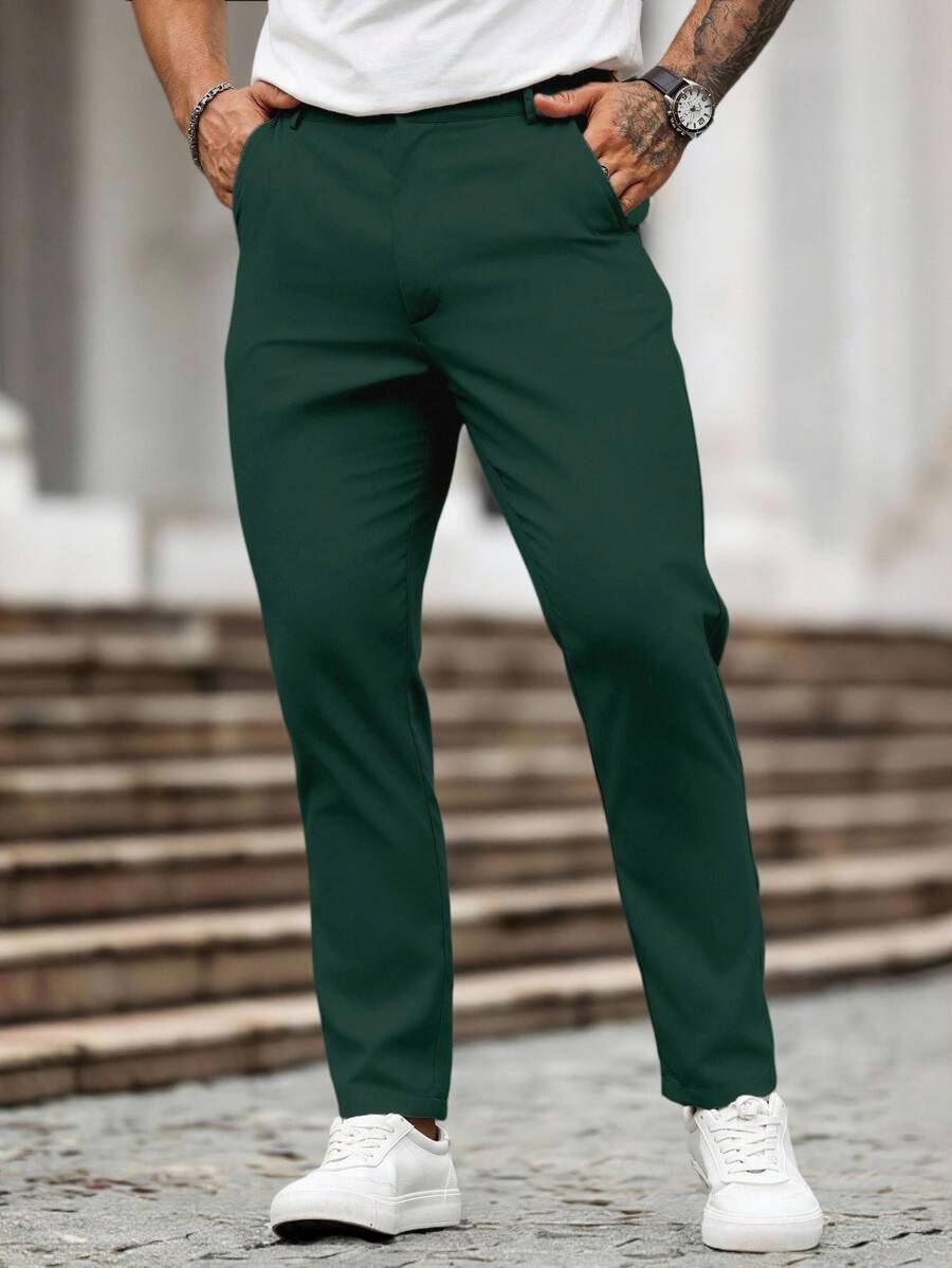 Manfinity Homme Pantalones casuales de pierna recta con bolsillos de unicolor para hombre, otoño - Verde Oscuro - Ver 1