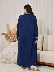 Lacomfia Plus Size Plaid Patchwork Button Half-Placket Dress - Blue - View 2