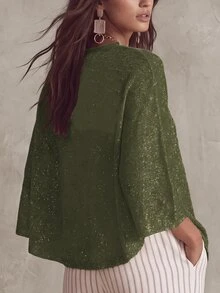 Linhara CURVE 2026新款大尺碼女款純色針織開襟衫，鑲金銀金屬線，優雅披肩式，適合浪漫度假，大尺碼女款開襟毛衣 - 墨綠色 - 查看 2