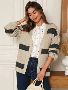 EMERY ROSE Fall Winter Striped V‑Neck Knit Cardigan, Button Front Balloon Sleeve Loose Sweater Jacket - Multicolor - View 7