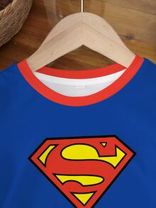 SUPERMAN X SHEIN ملابس علوية علوي كاجوال للأطفال الذكور بطبعة هندسية وياقة دائرية وأكمام قصيرة - أبيض - مشاهدة 3
