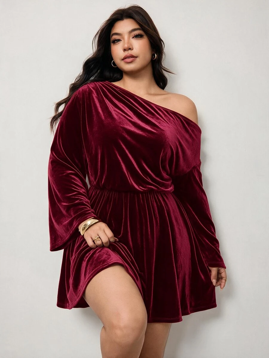 Enliva Plus-Size Women's Party Burgundy Off-Shoulder Neck Dress Apple,Rounded Body - Burgundy - View 1