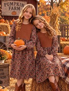 SHEIN Đầm hoa kiểu áo len giả cho bé gái tween, phong cách vintage với mảng gân, tay dài, cổ tròn, eo cao, dáng xòe rủ, trang phục mùa thu đông - màu nâu - Xem 3