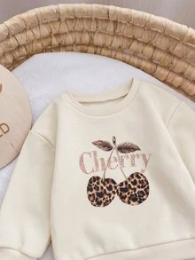 SHEIN 女嬰櫻桃印花寬鬆落肩假兩件式拼接下擺刷毛加厚洋裝，適合冬季 - 杏色 - 查看 9