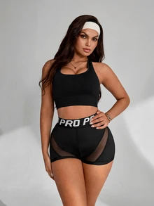 Slayform Women's Waist Letter Pattern Contrast Mesh Casual Versatile Sports Shorts - Black - View 5