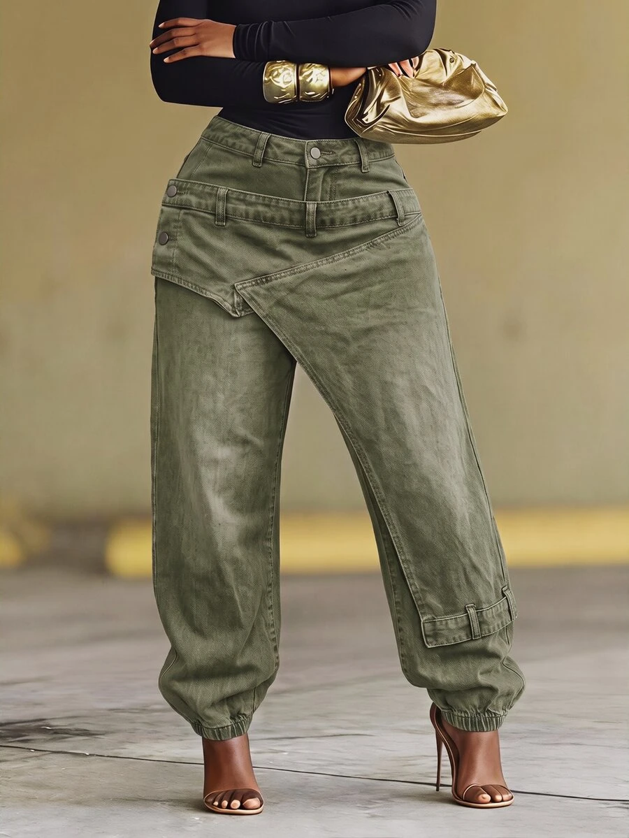 BamGleam 女款雙腰帶休閒日常牛仔褲 - 軍綠色 - 查看 1