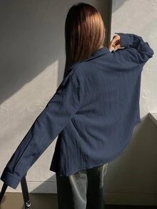 Dazy Kids 青少年女孩寬鬆休閒長袖紋理領襯衫 - 藏蓝色 - 查看 3