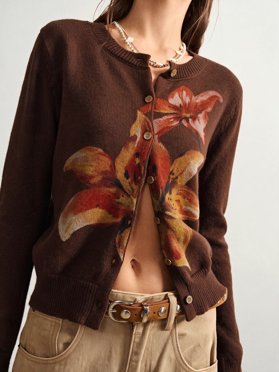 Bohemela Casual Crew Neck Single-Breasted Long Sleeve Floral Pattern Women's Cardigan - Coffee Brown - View 1